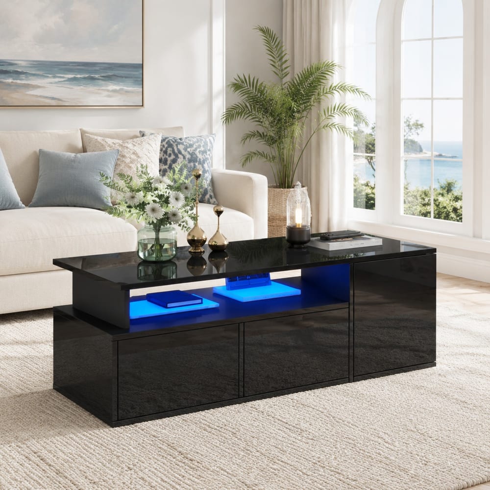 Couchtisch aus Spanplatte schwarz mit LED-Beleuchtung und Stauraum