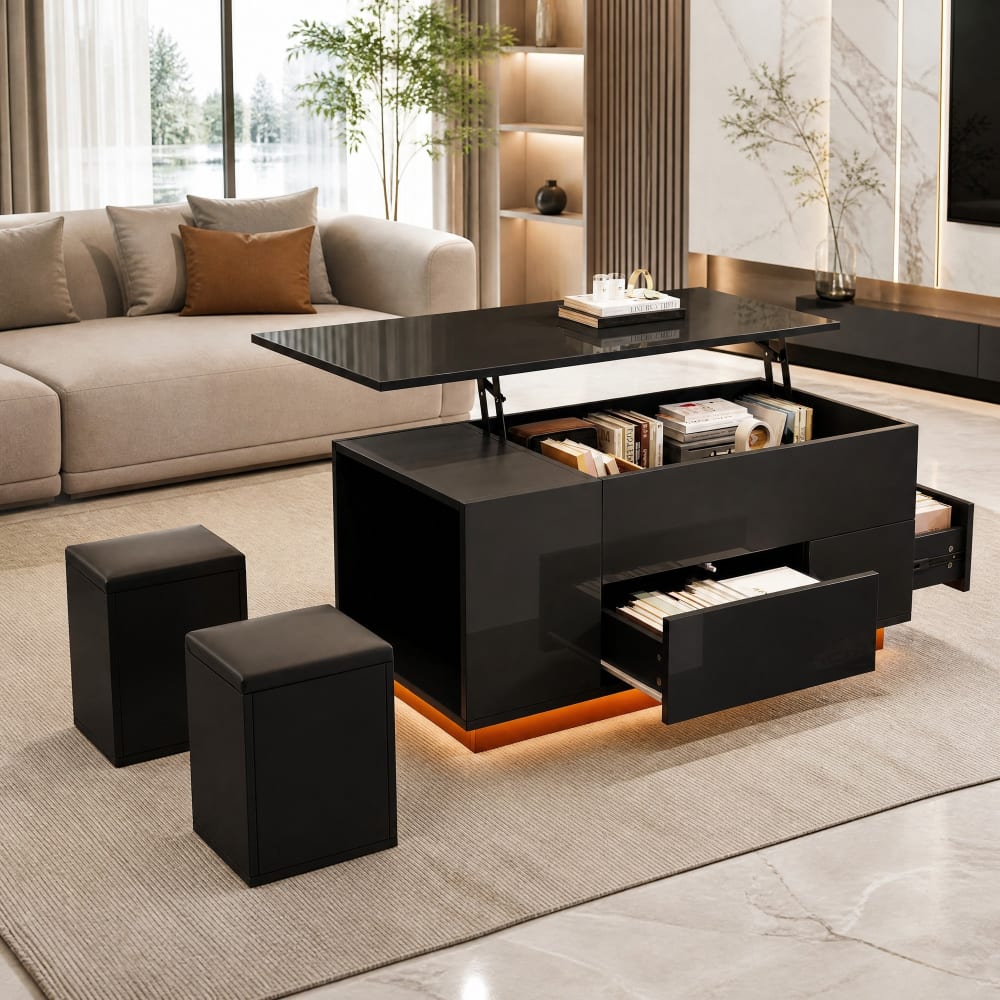 Couchtisch aus Spanplatte schwarz mit Hubfunktion und LED