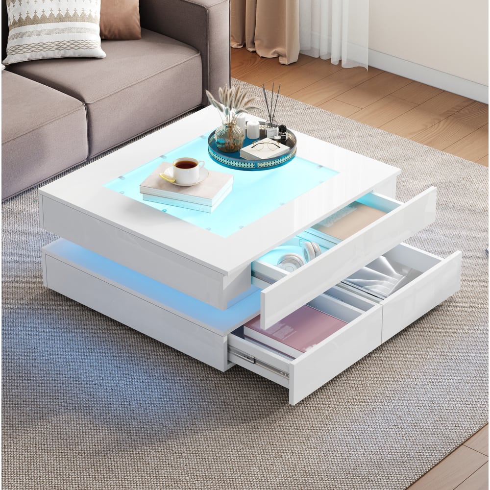 Couchtisch aus Spanplatte und Glas weiß mit 3 Schubladen und LED
