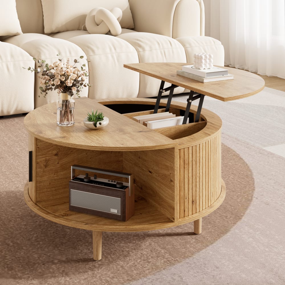 Runder Couchtisch höhenverstellbar mit Stauraum 80x80x59 cm Eiche