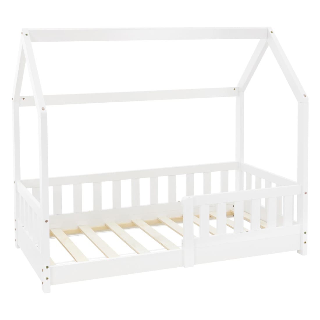 Lit cabane enfant 70x140 cm sommier et barrière inclus bois blanc