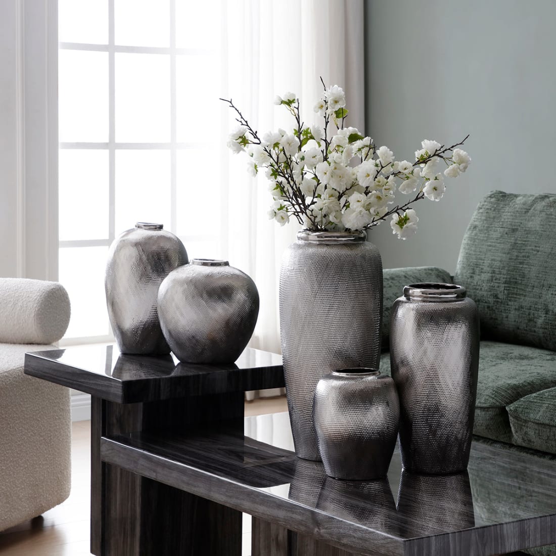 Dekorative Vase aus Keramik H40, Silber Silver