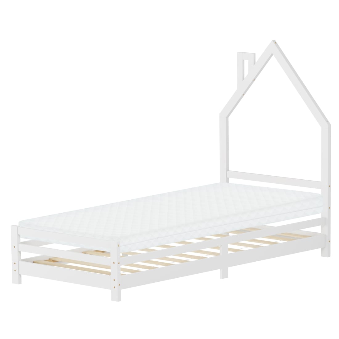 Lit maison enfant 90x200 cm matelas et sommier inclus bois blanc