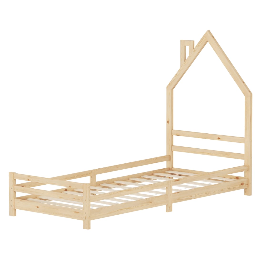 Lit maison cheminée enfant 90x200 cm naturel bois massif avec sommier