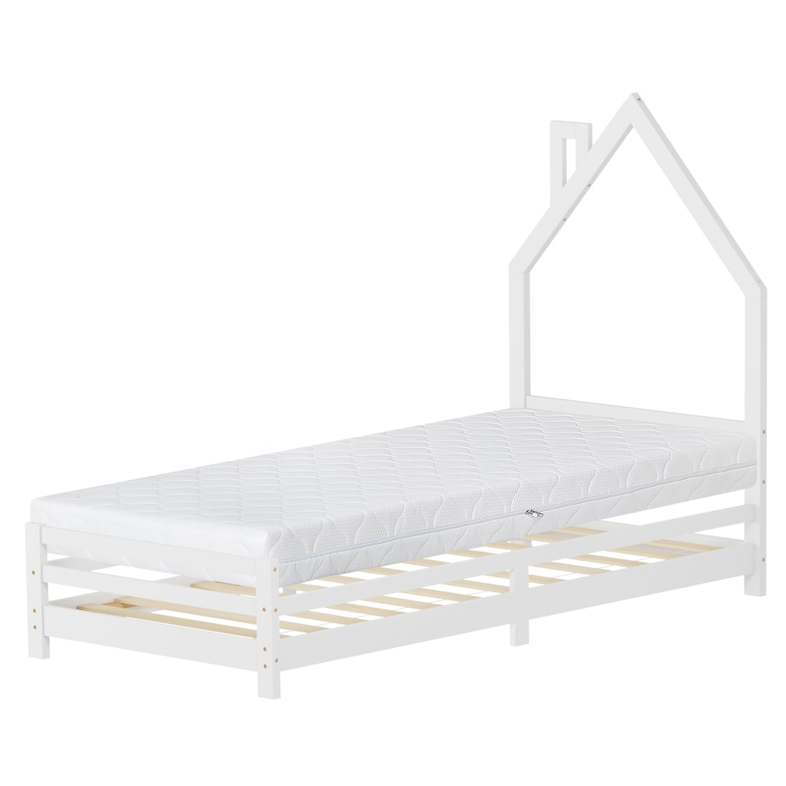 Lit maison enfant 90x200 cm matelas et sommier inclus bois blanc