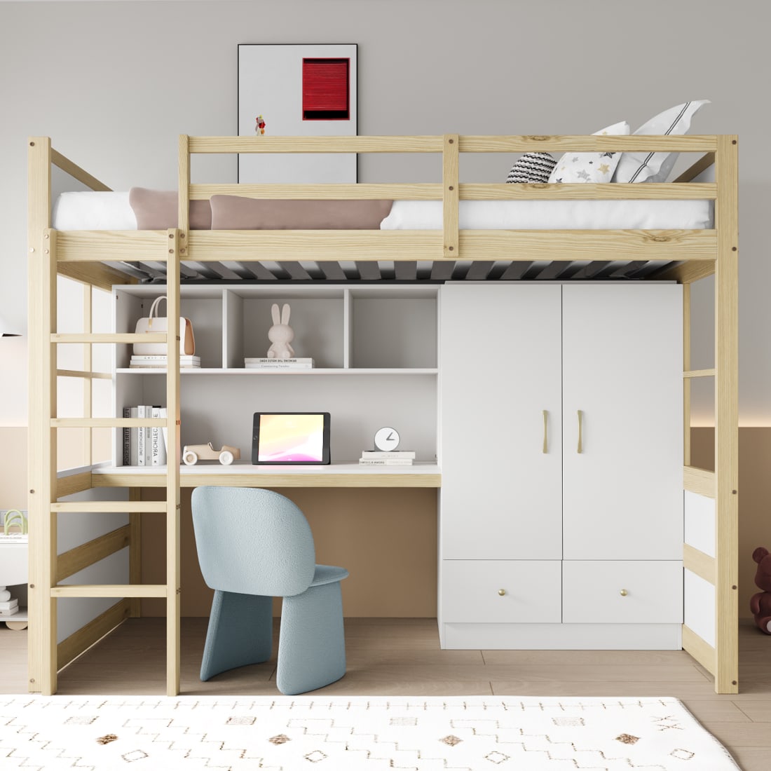 Lit mezzanine enfant 90x200 cm avec échelle et tiroirs, couleur bois