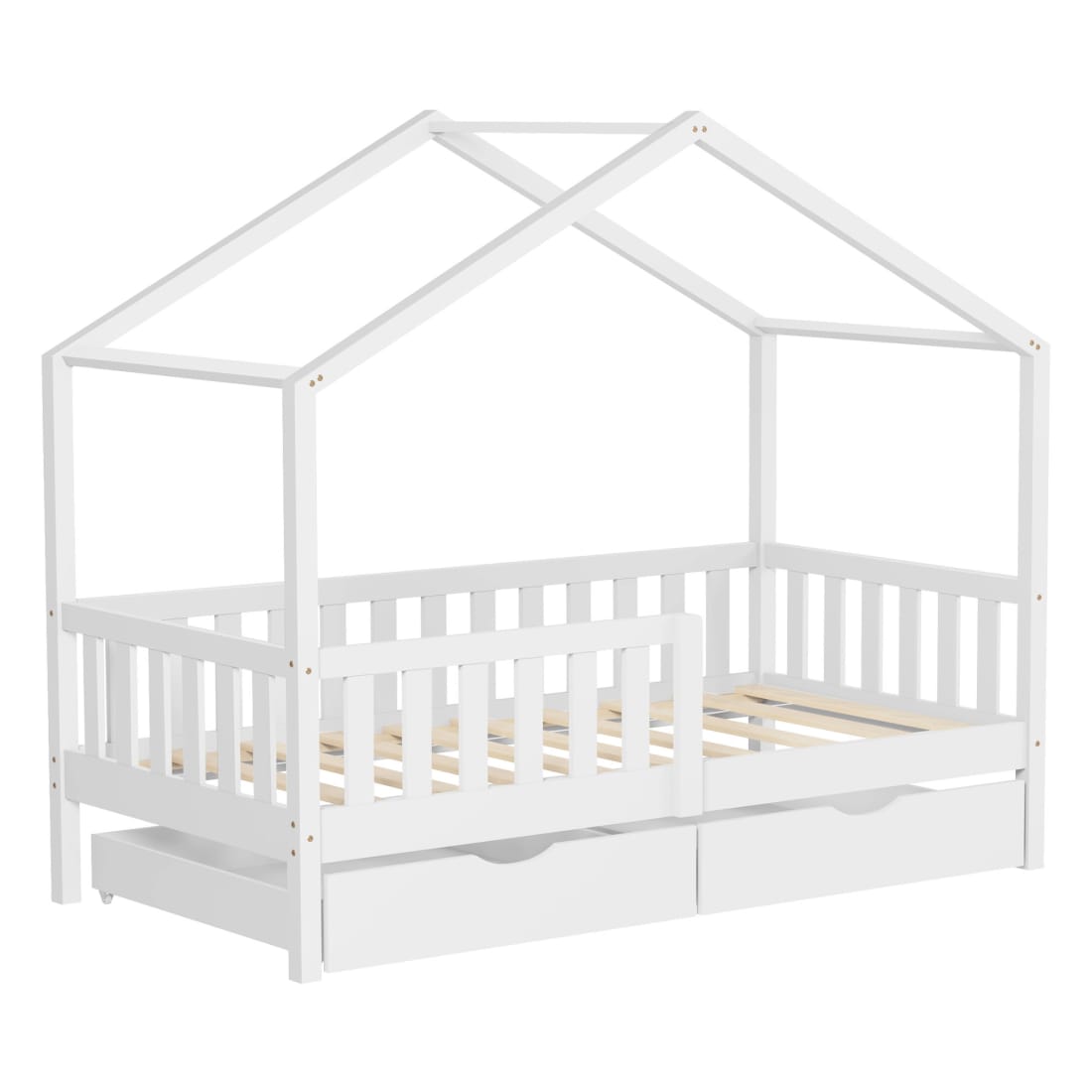 Lit cabane enfant Montessori 2 tiroirs 80x160 cm blanc avec barrière
