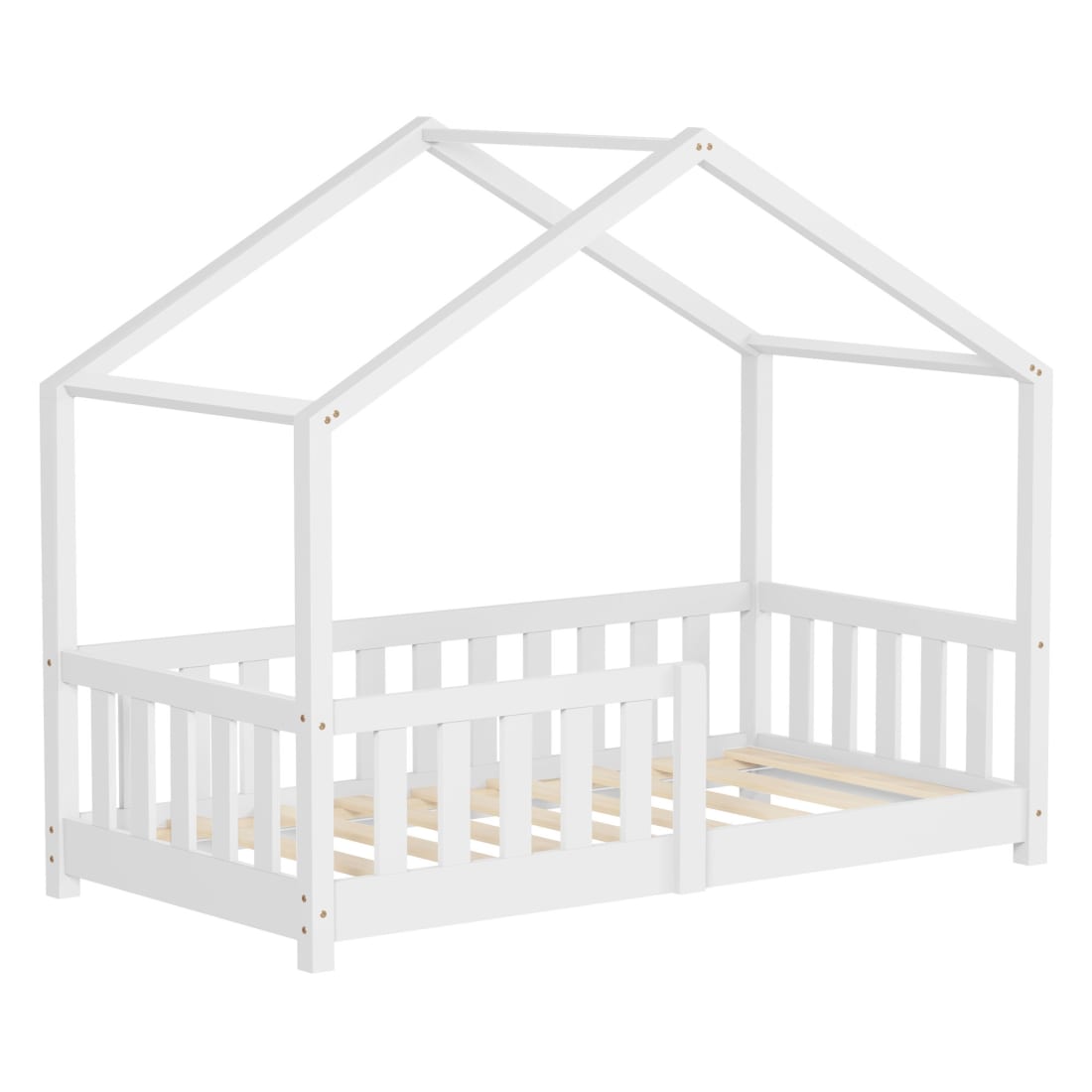 Lit enfant cabane au sol 70x140 cm blanc + sommier et anti-chute