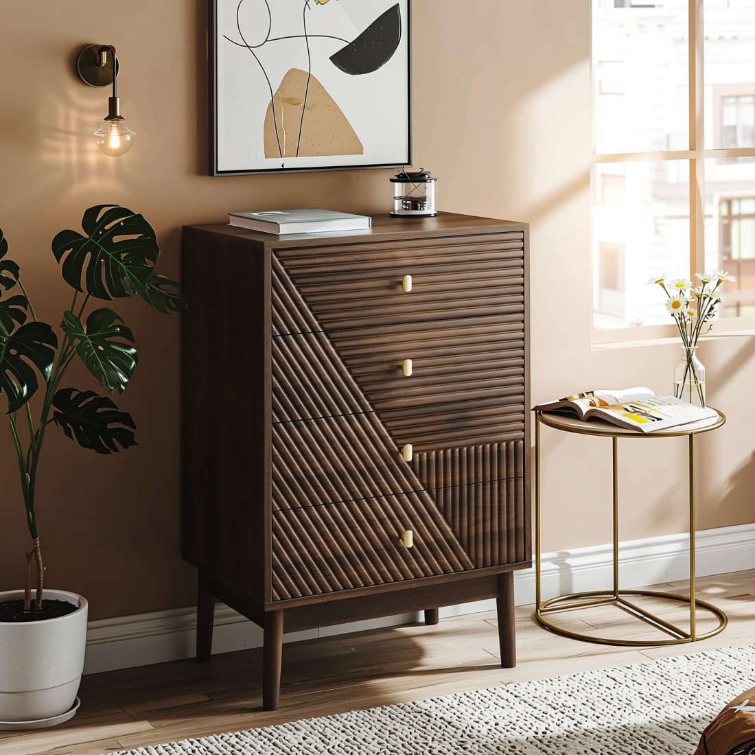 Skandinavische Kommode mit 4 Schubladen, Holzoptik, Braun