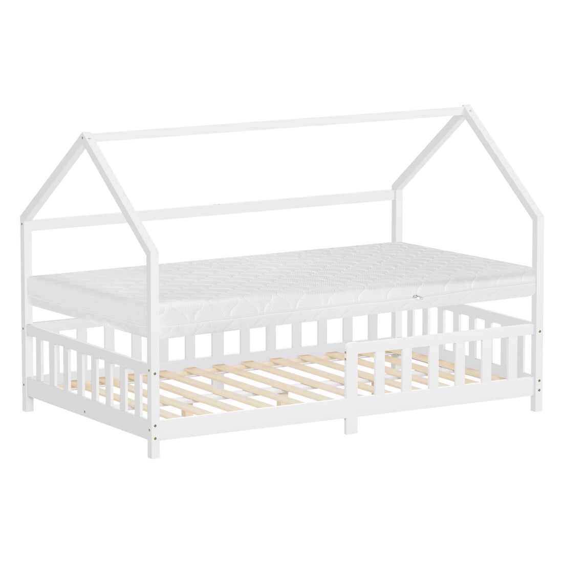 Lit cabane enfant double 120x200 cm en bois naturel blanc avec matelas