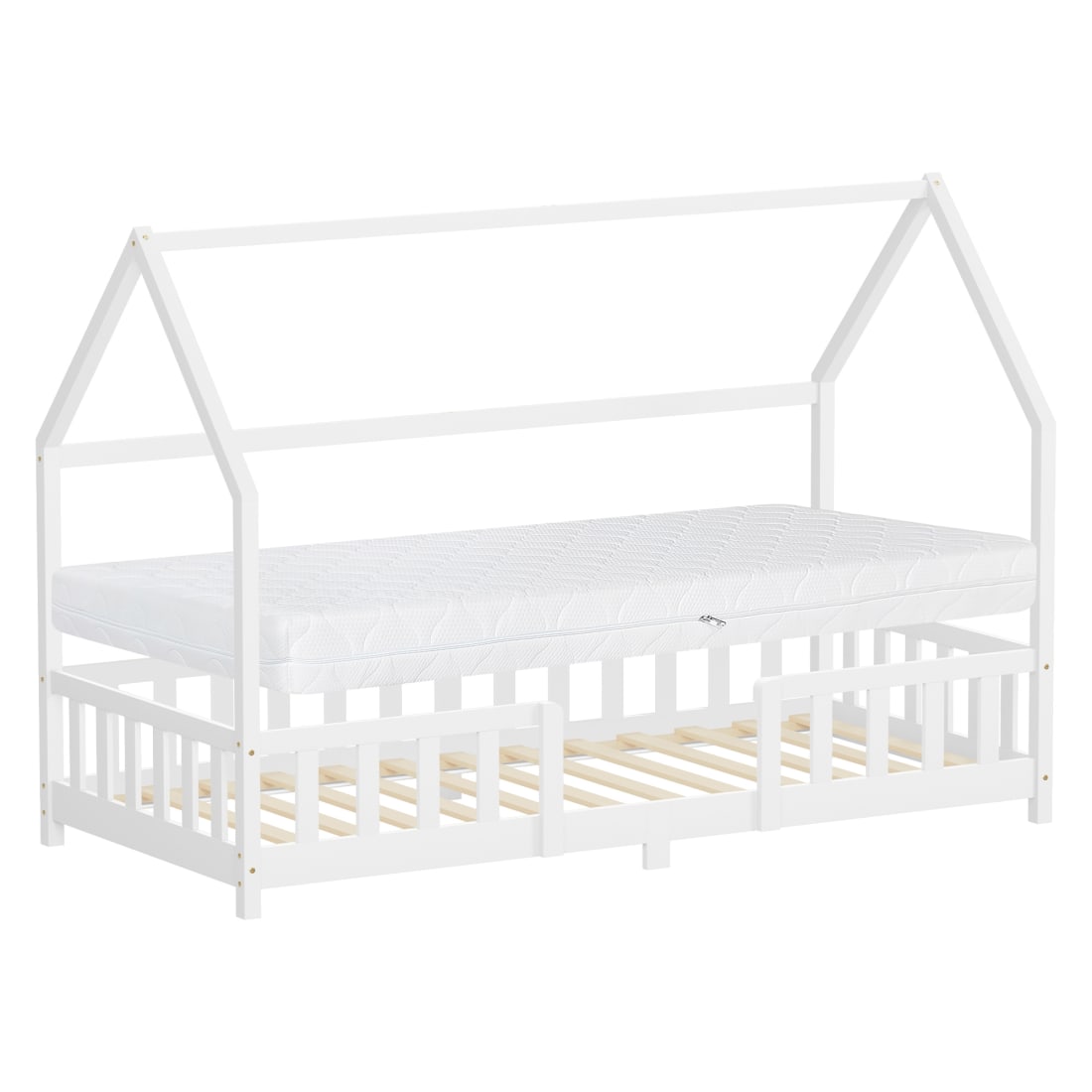 Lit cabane enfant simple 90x200cm en bois naturel blanc matelas H16cm