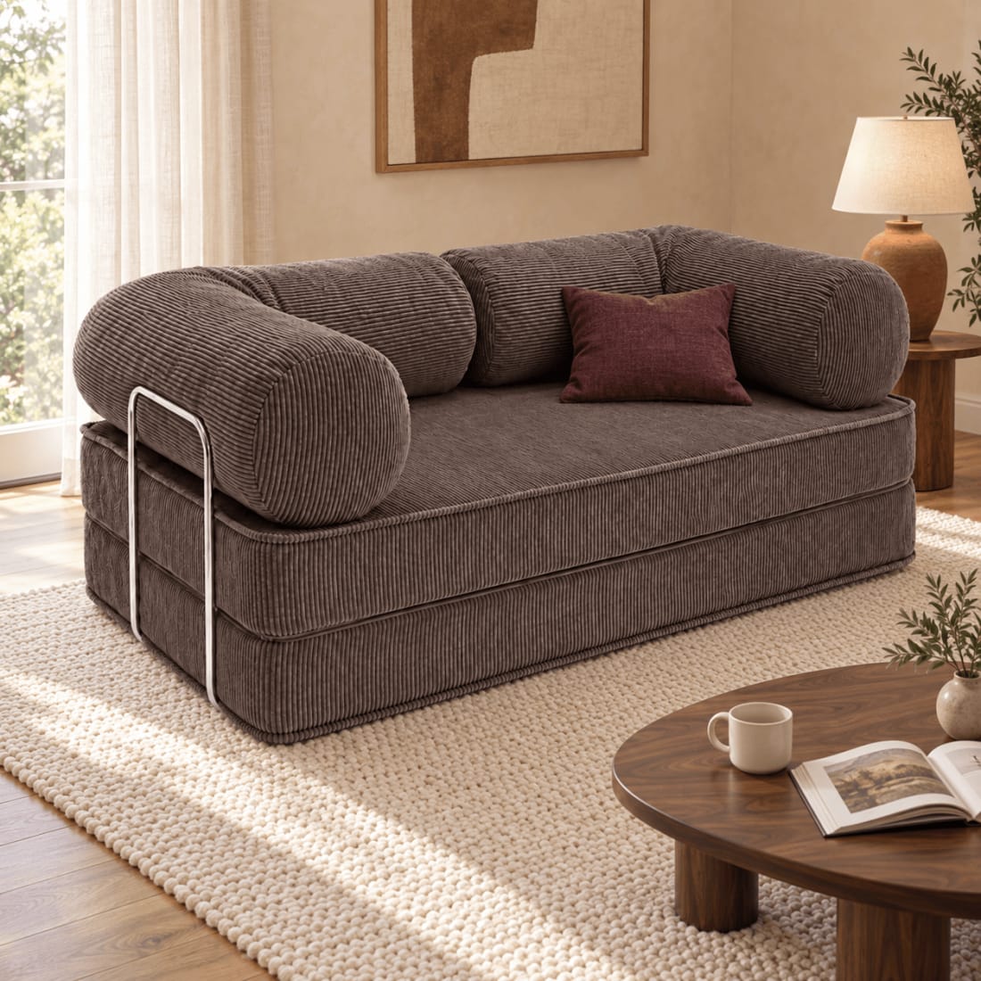 Schlafsofa 200 cm aus Cordstoff mit Chromgestell, braun Lofty