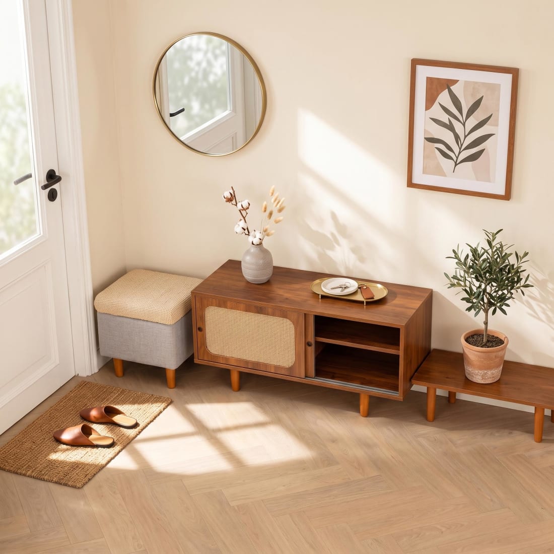 Niedriger Schuhschrank braunes Holz, Rattan-Schiebetüren, 2 Fächer