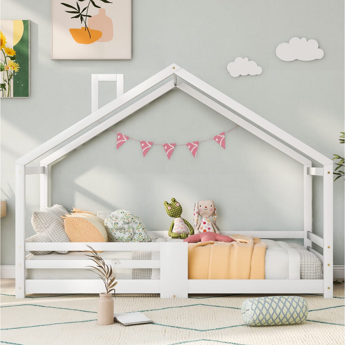 Lit cabane enfant 90x200 cm avec barrière de sécurité, pin, blanc