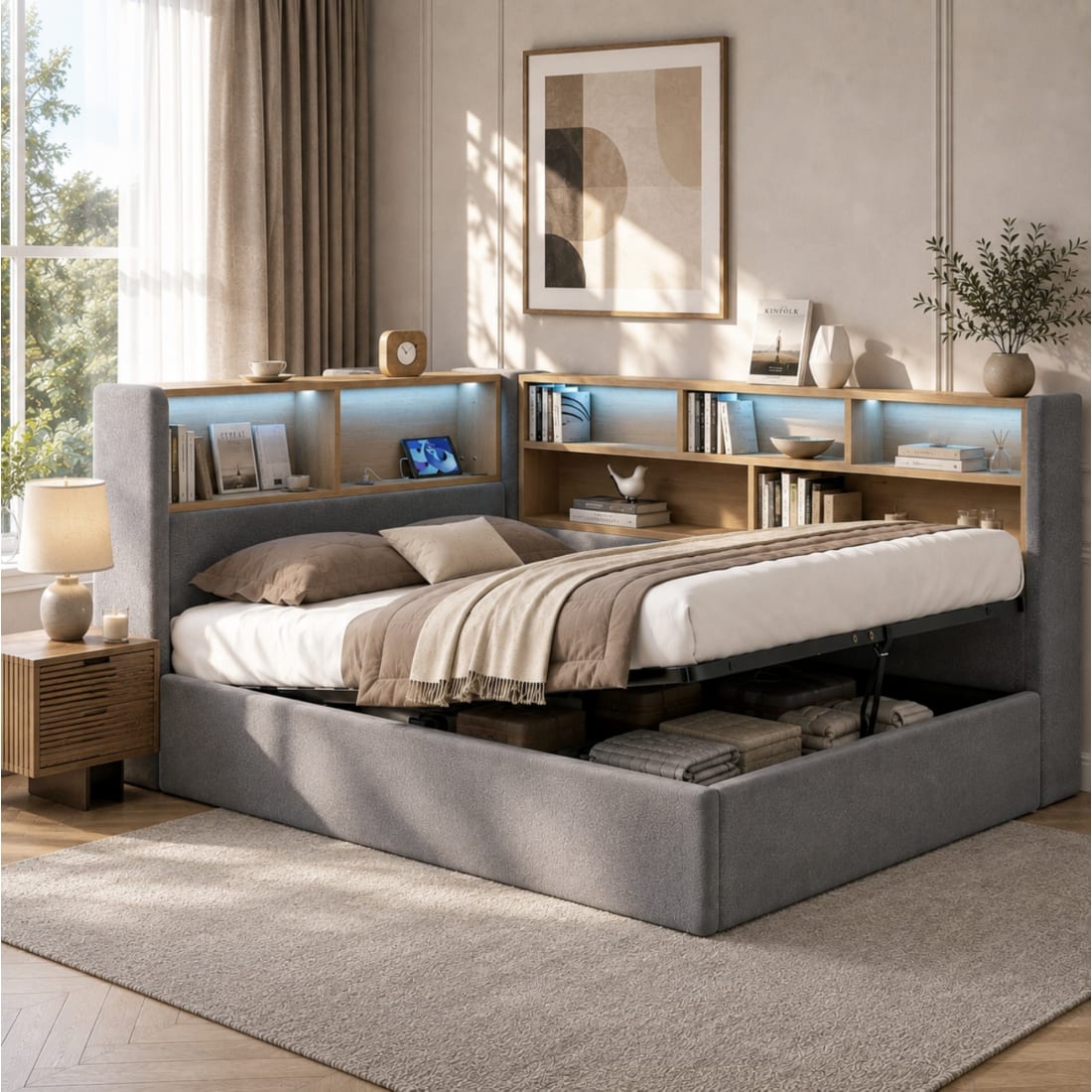 Kinder-Tagesbett aus Polyester grau 140 x 200 cm mit Stauraum und LED
