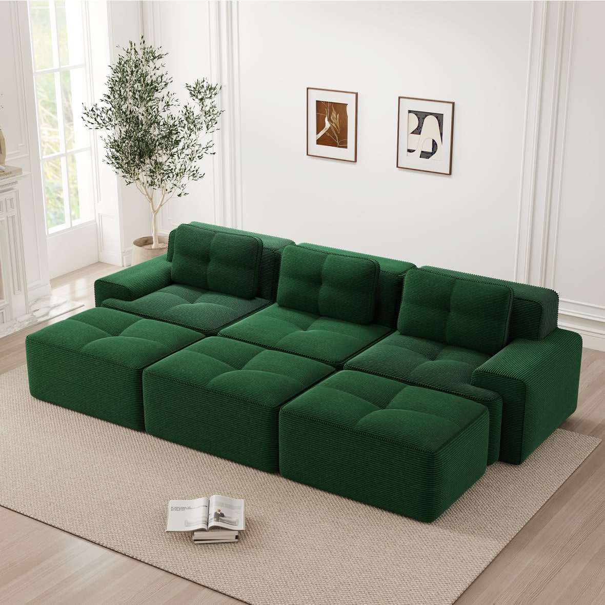 Modulsofa aus Cord mit Schlaffunktion, Grün,komprimiert verpackt