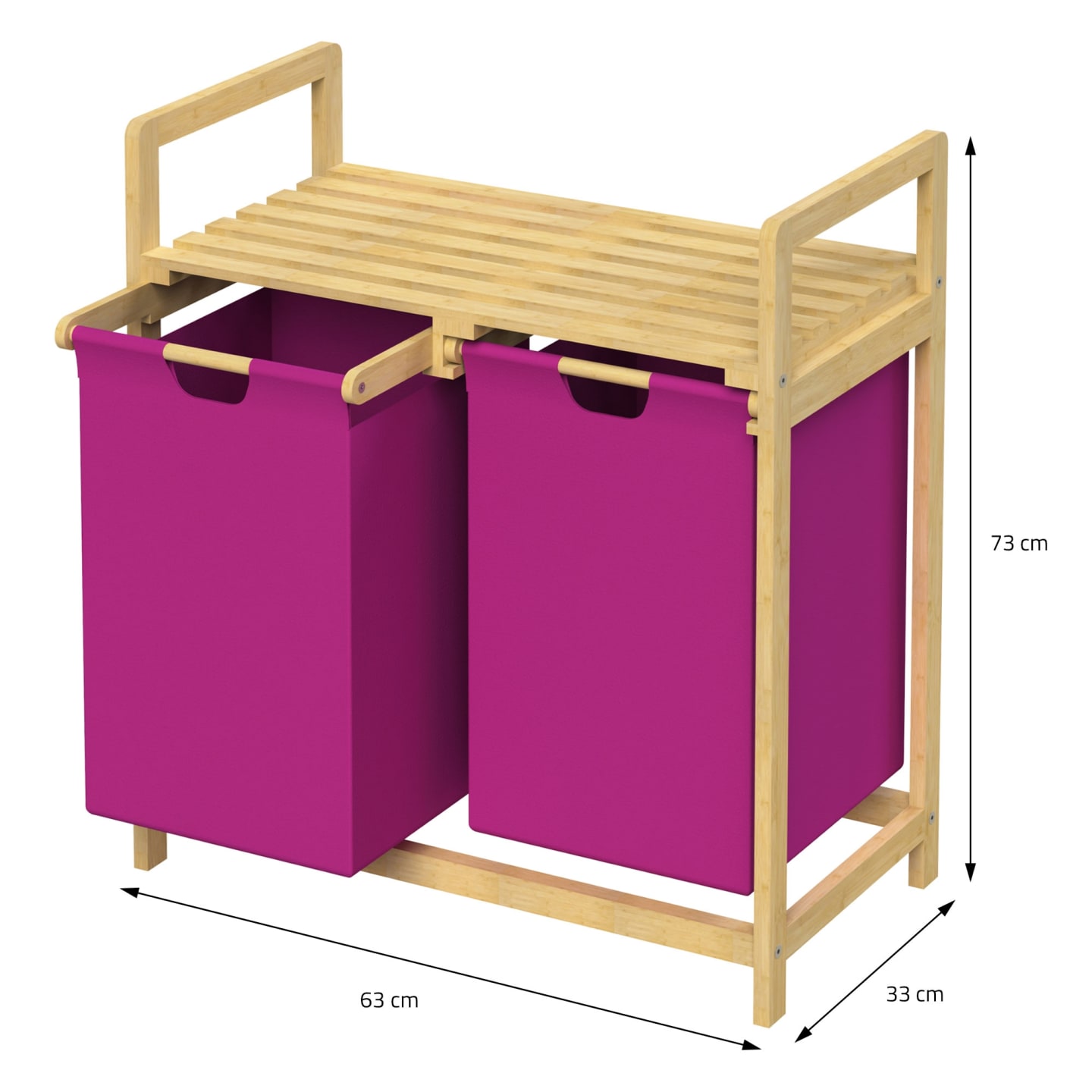 Wäschekorb aus Bambus 60 L Magenta mit 2 Fächern und Regal