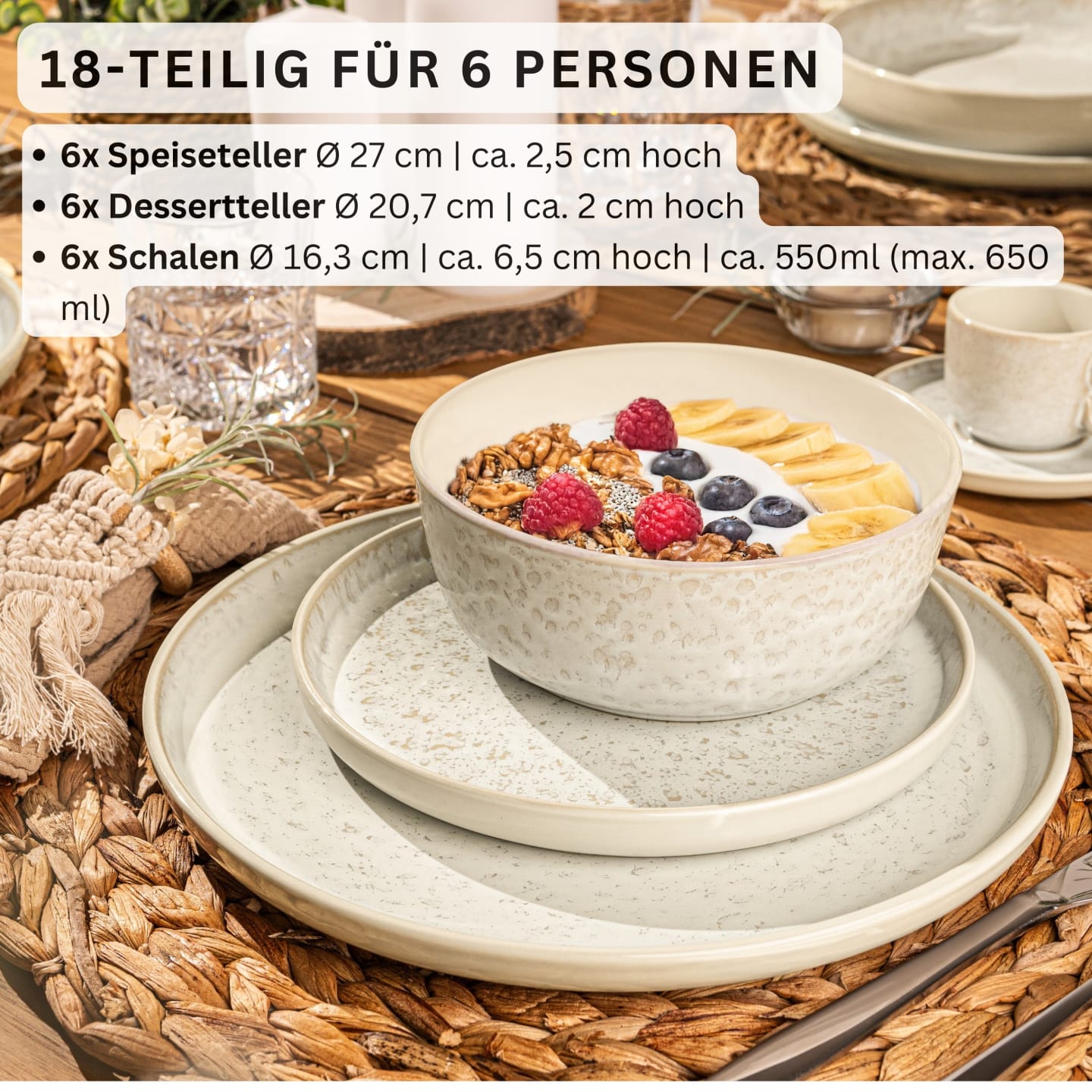 18-teiliges Tafelservice aus Steingut, beige Key west