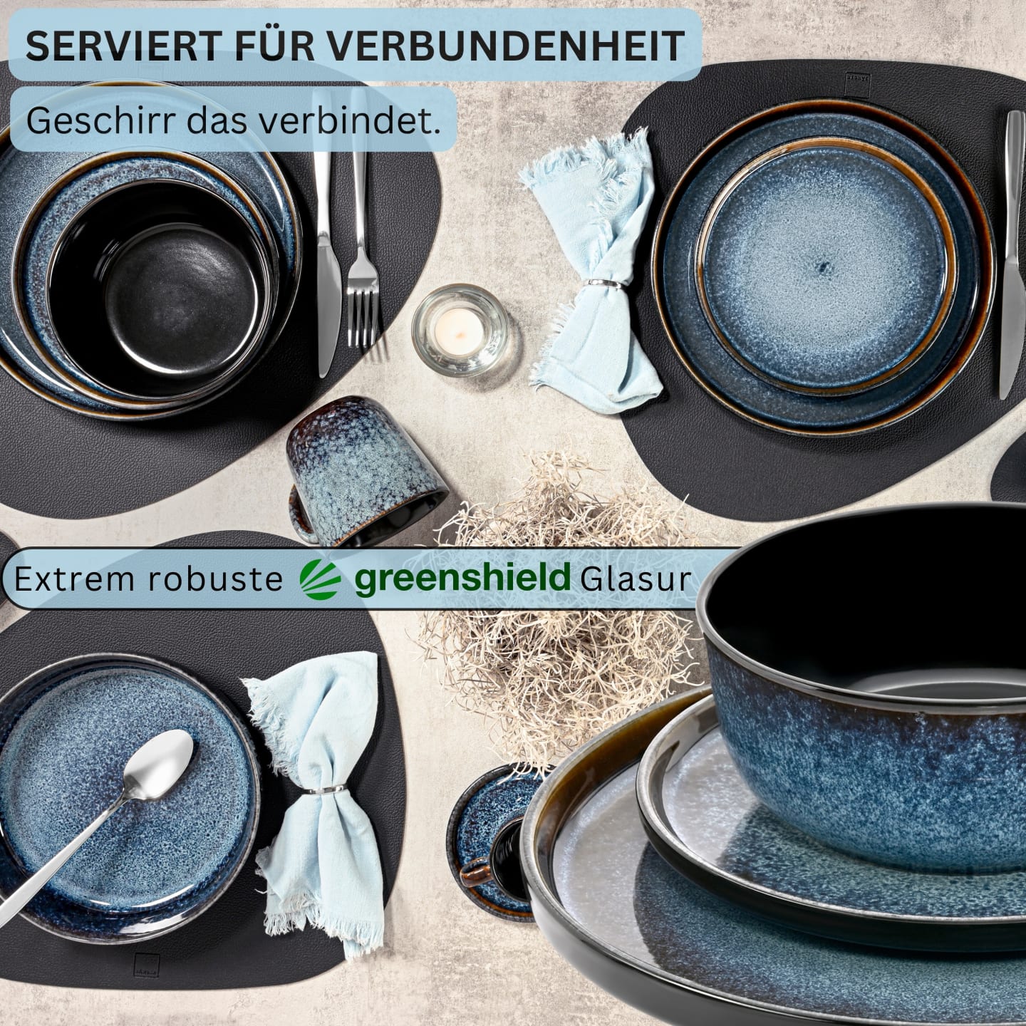 24 teiliges Tafelservice aus Steingut, blau Osaka