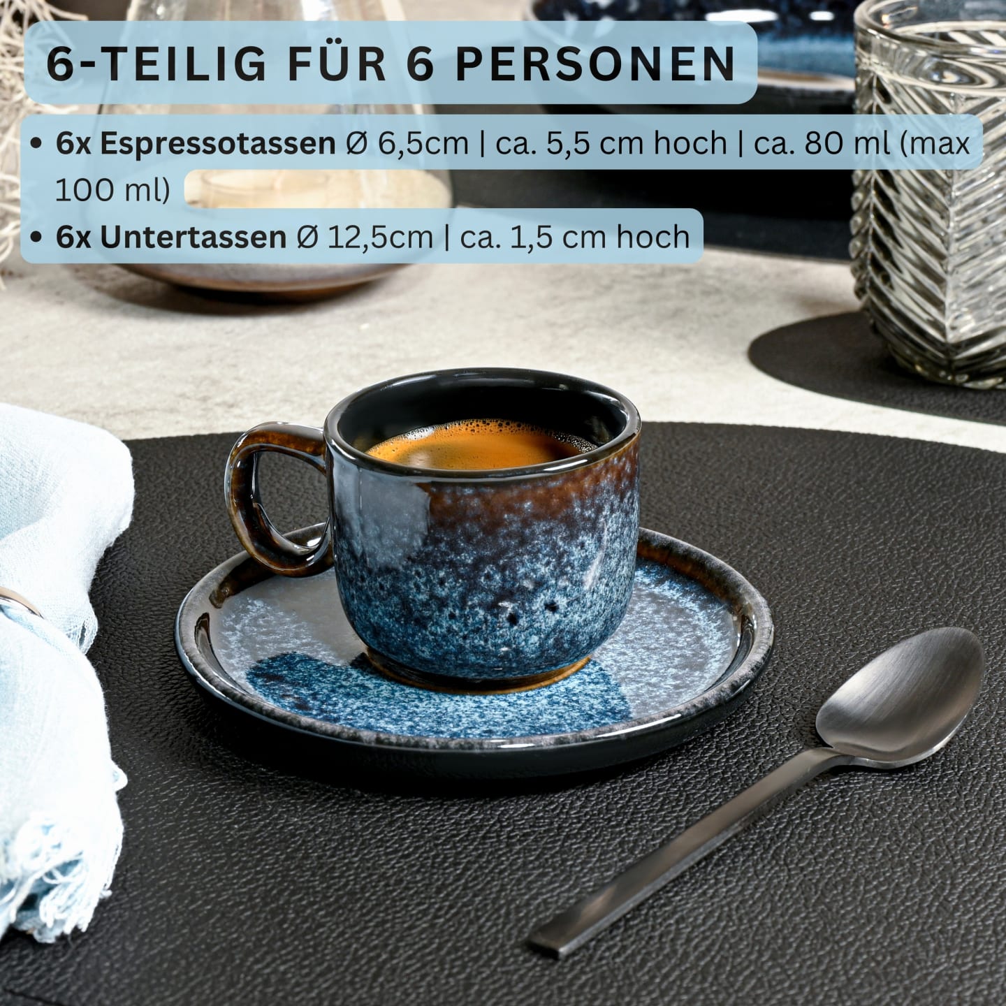12er Set Espressotassen aus Steingut, blau Osaka