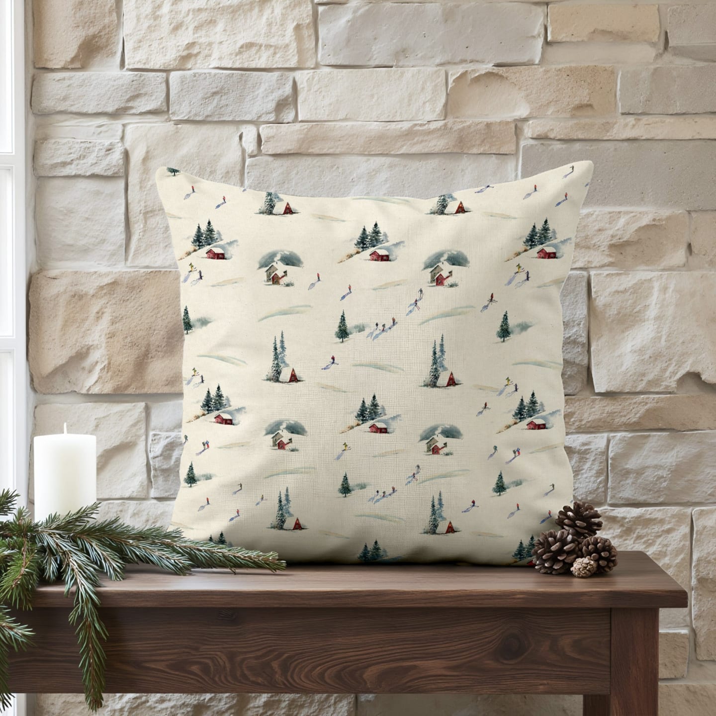 Kissenbezug 100 % Baumwolle mehrfarbig 50x50 cm Winter ski a