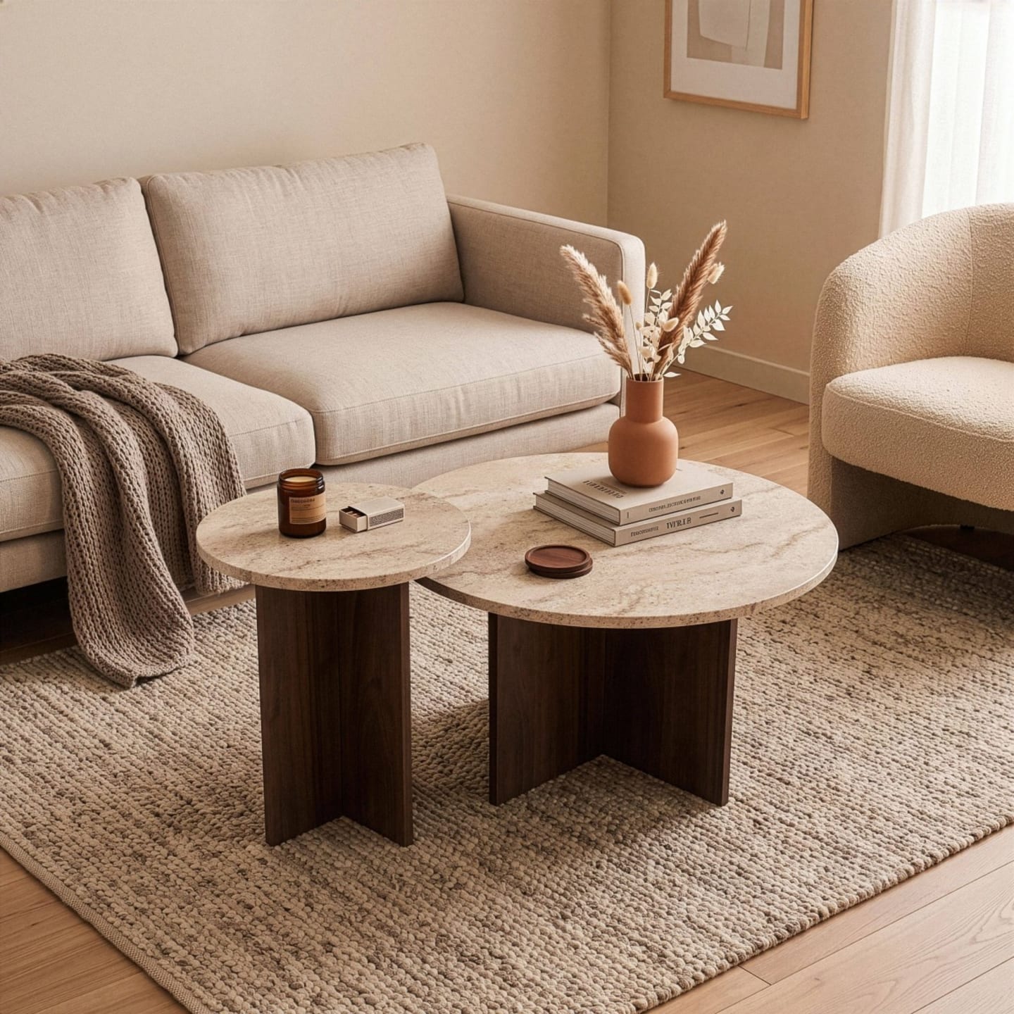 Couchtische 2er-Set, runder D70 cm - Travertin und Nussbaum Tilia