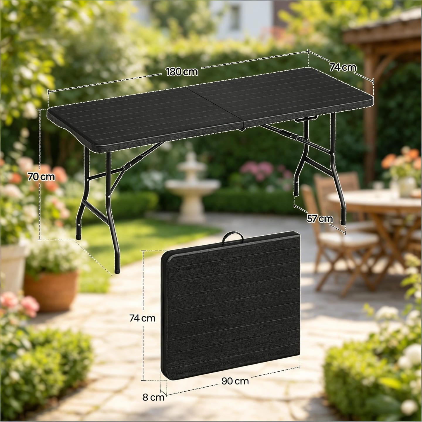 Klapptisch aus Metall in Holzoptik 180x74x70 cm, schwarz