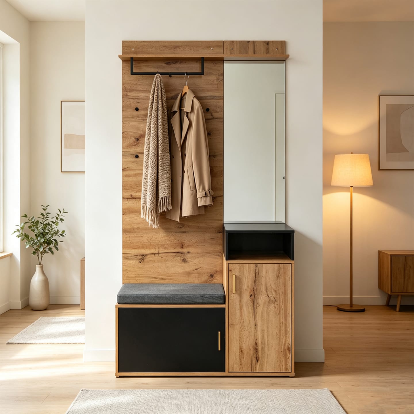 Garderoben-Set mit 4 Kleiderhaken, Spiegel, Schuhschrank, Flurbank