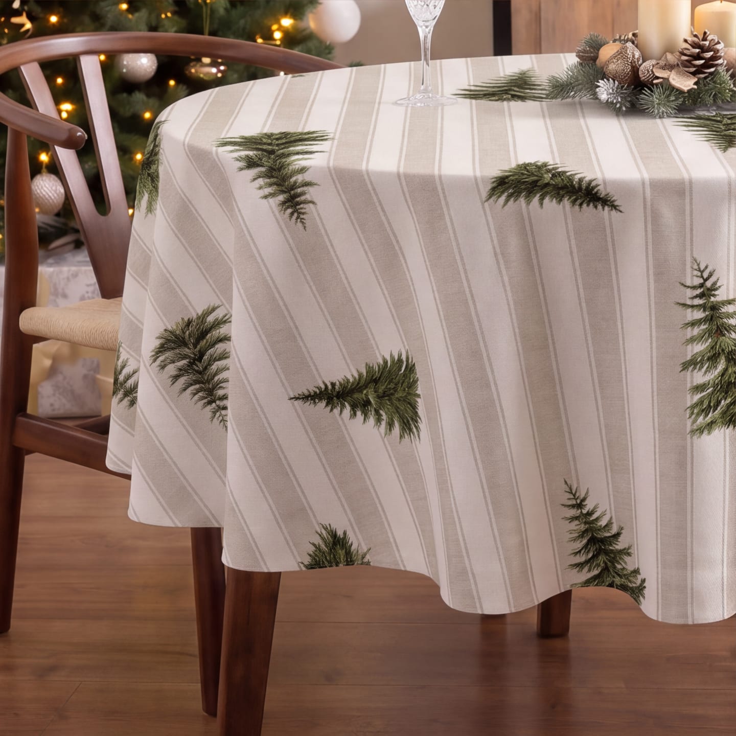 Runde fleckabweisende Weihnachtstischdecke 100% Baumwolle beige 155cm Copina