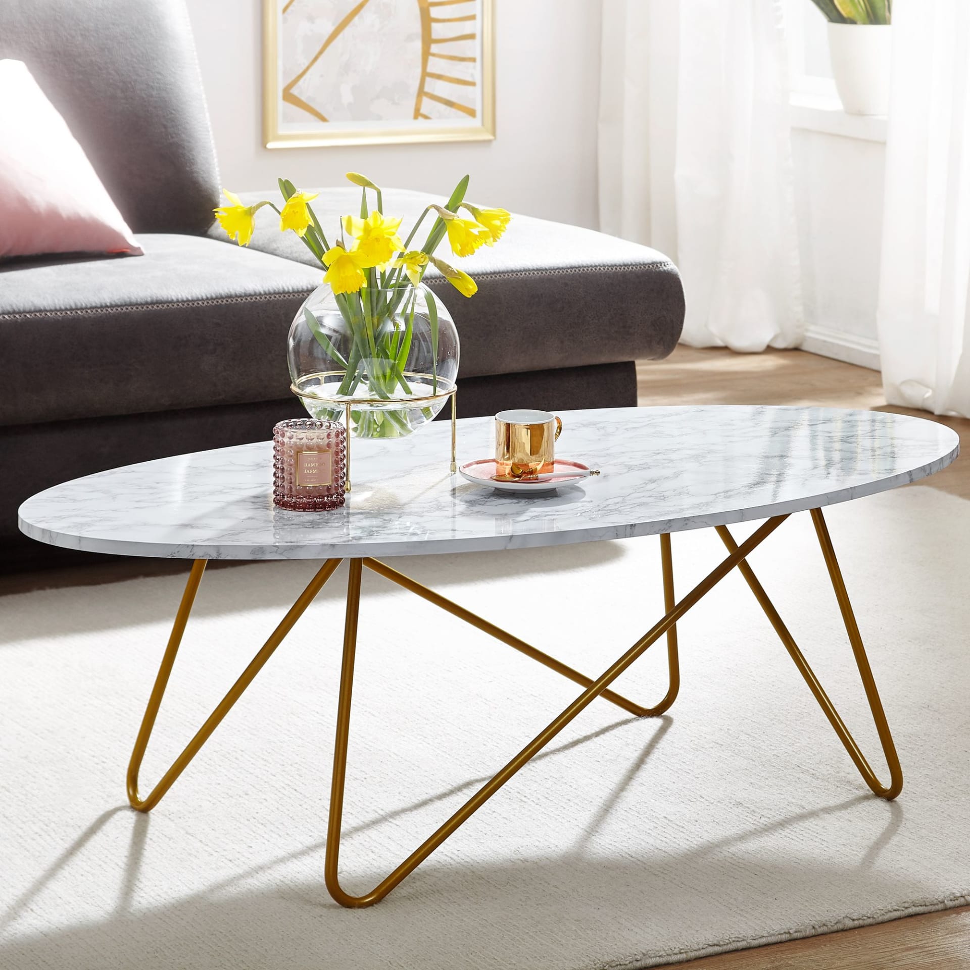 Couchtisch oval mit Marmor-Optik aus MDF, Weiß