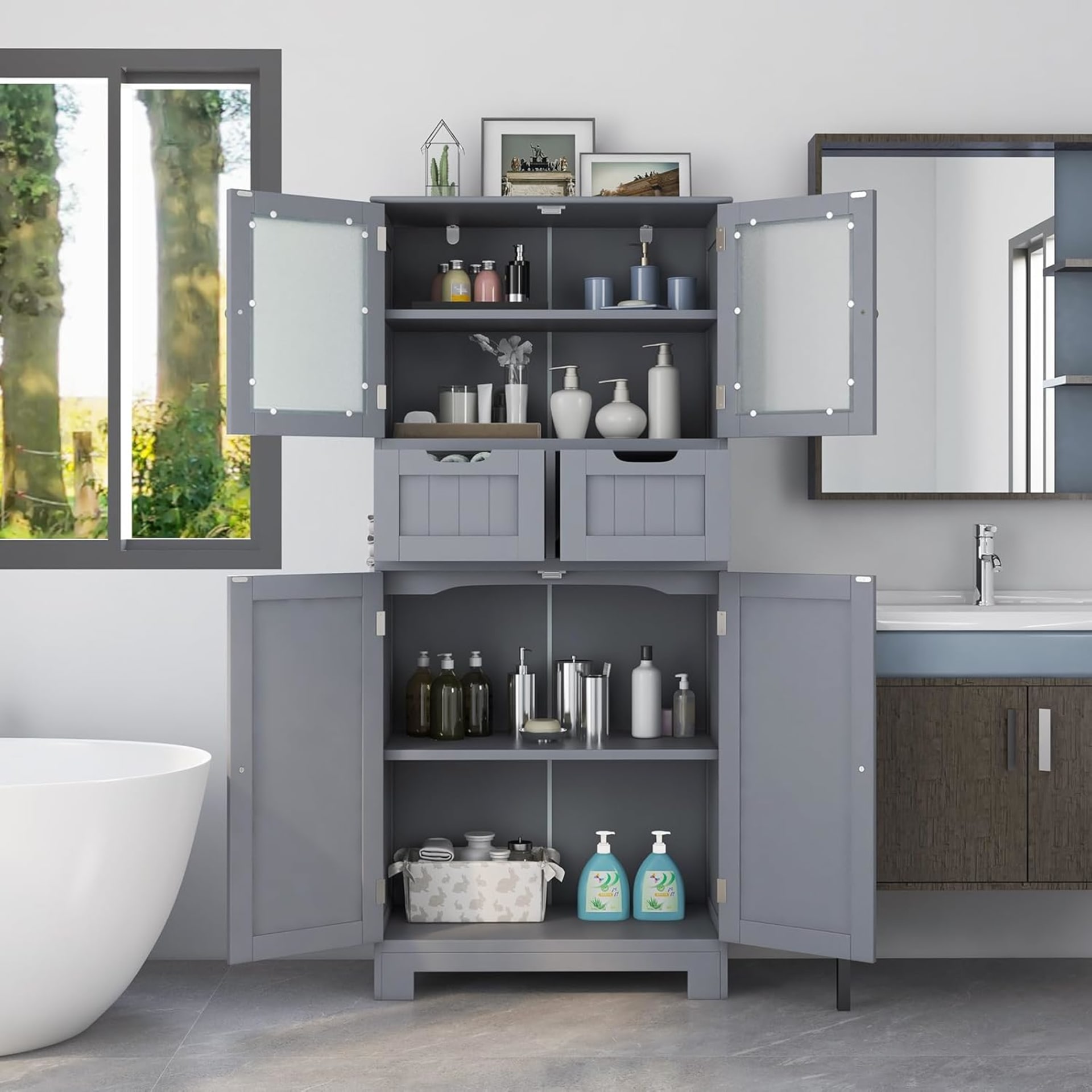 Badezimmerschrank aus Holz 60x30x128cm, Grau