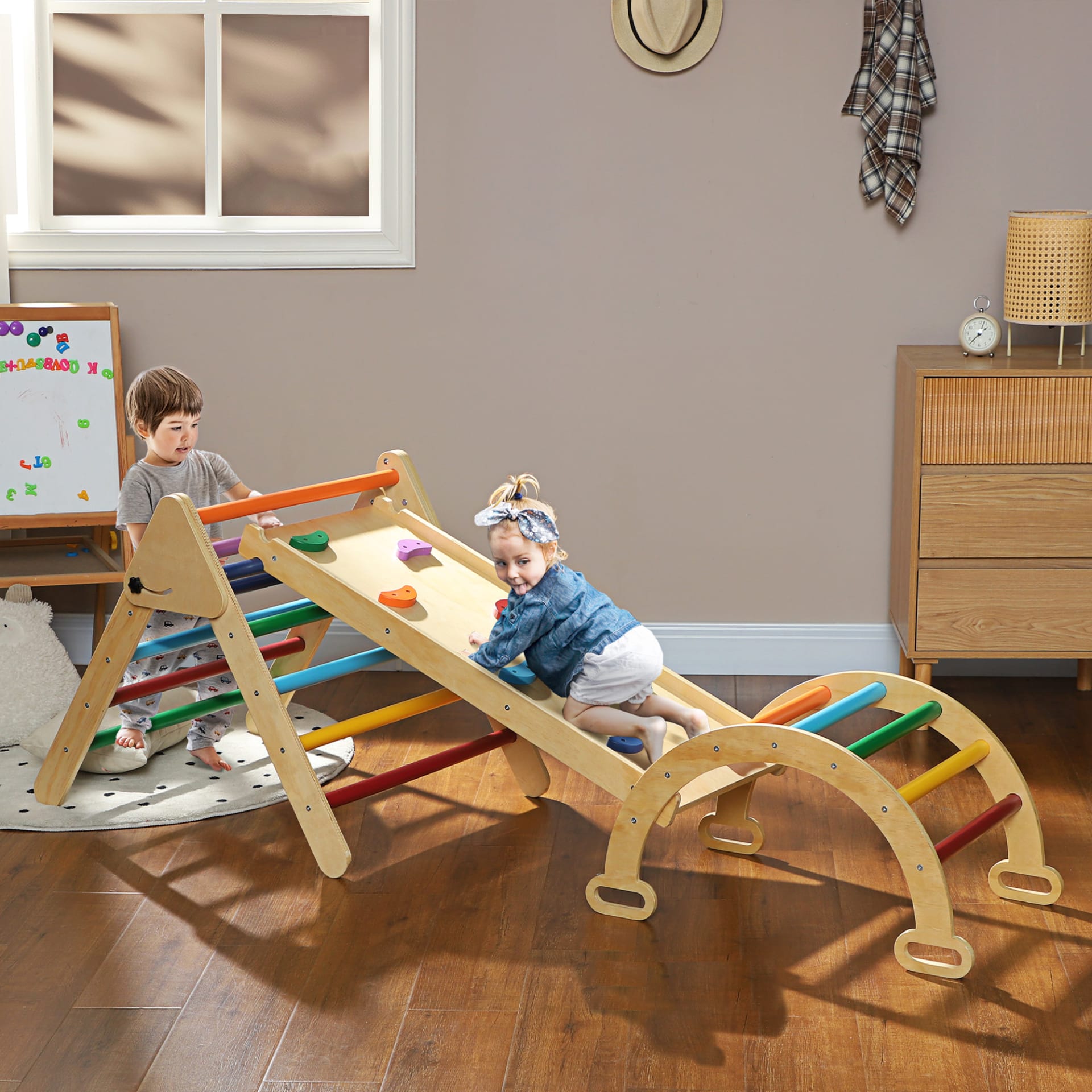 Triangle d'escalade avec Toboggan Rampe Réversible Montessori Bois pour Tout-Petits 1An + Aire