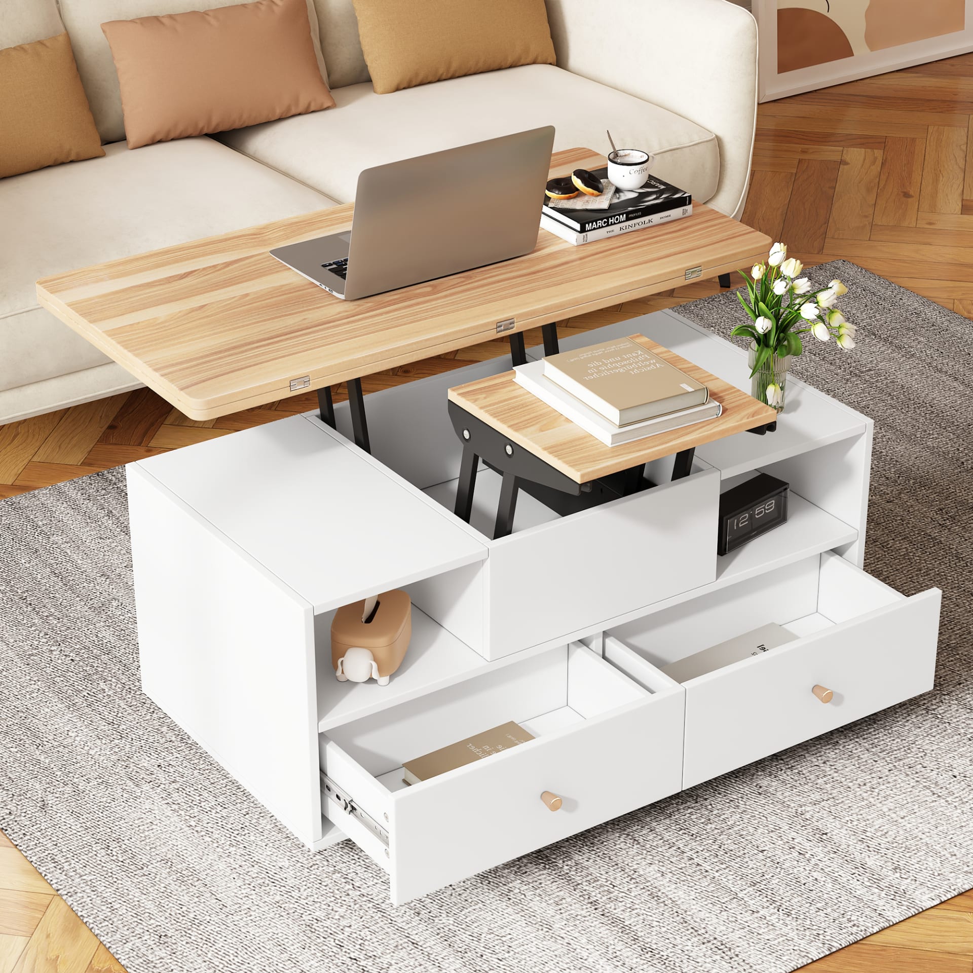 Couchtisch aus MDF höhenverstellbar und klappbar 100x50x47,5 cm, braun
