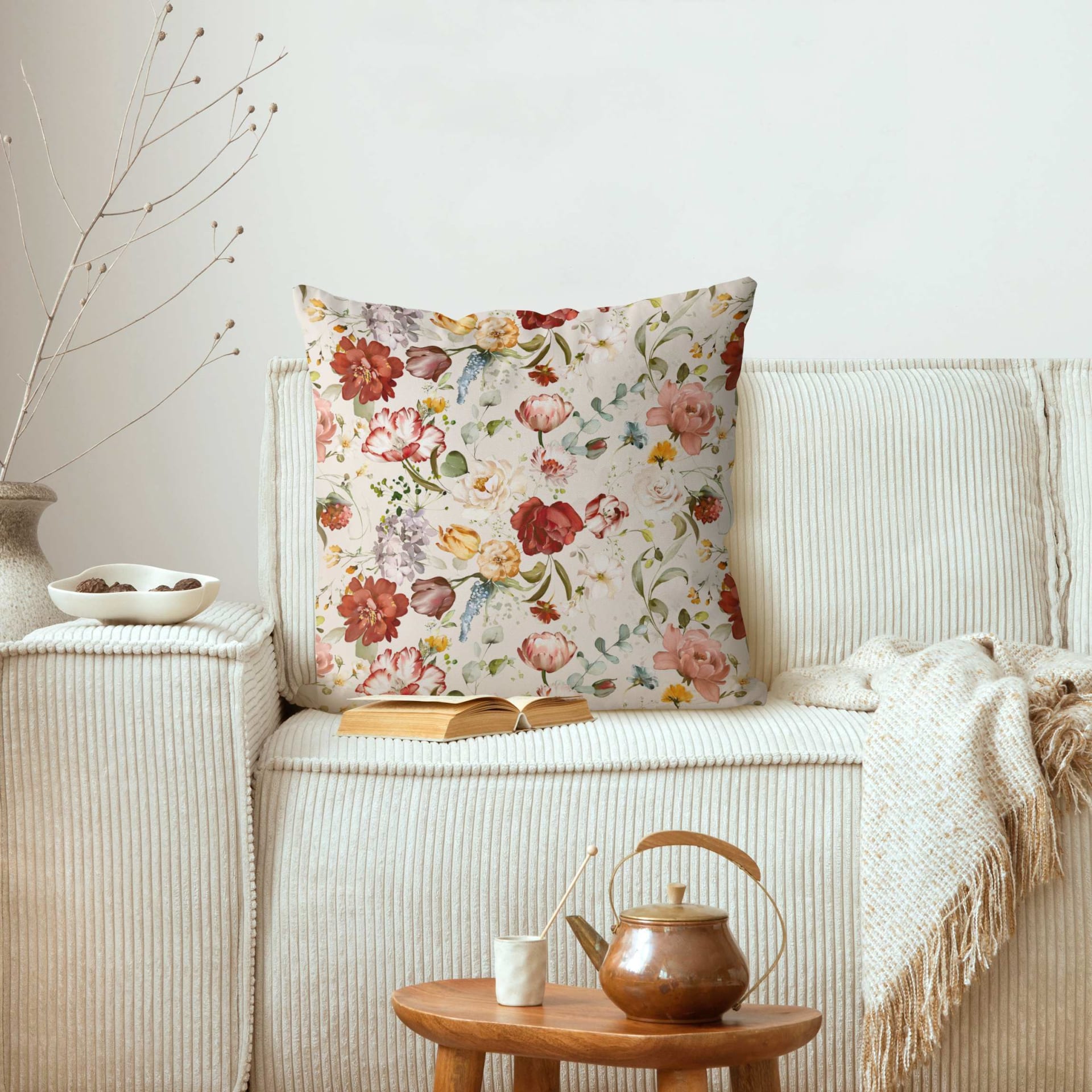 Dekokissen Blumen Vintage Muster aus Polyester, beige 50 x 50 cm