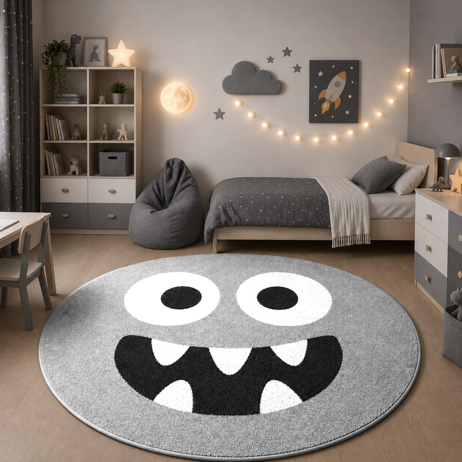 Teppich Kinder Monster-Motiv, grau, 120 cm rund Sound kids