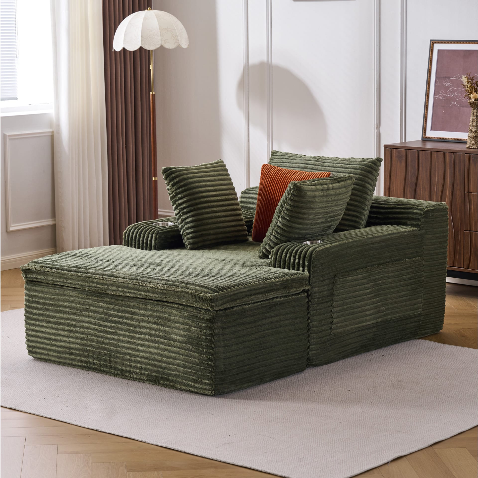 Schlafsofa aus Cord mit Kissen und Decke, grün