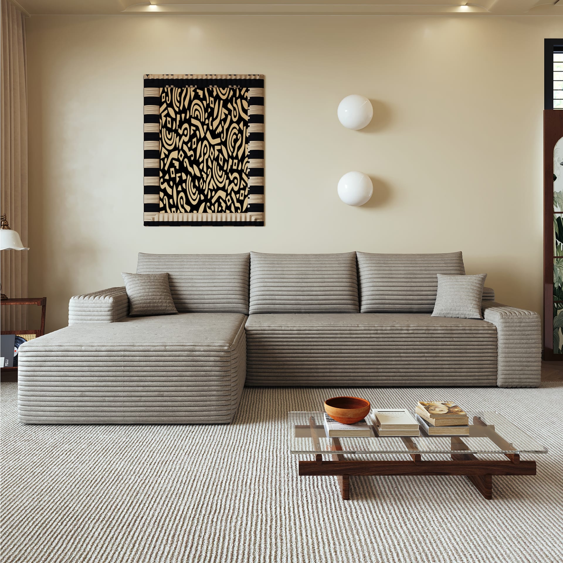 Ecksofa 270x175x83 cm aus Cord in Camel, ohne Montage