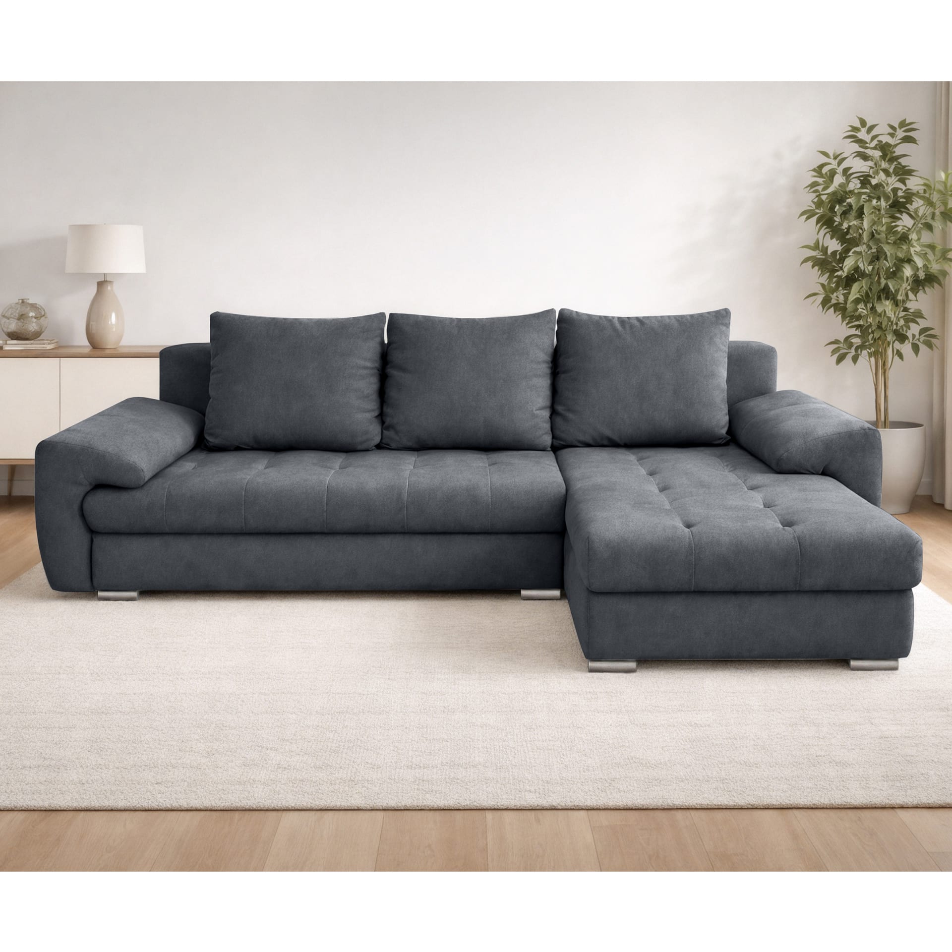 Ecksofa mit Schlaffunktion aus Samt, Dunkelgrau - 234 cm Rechts Manisa