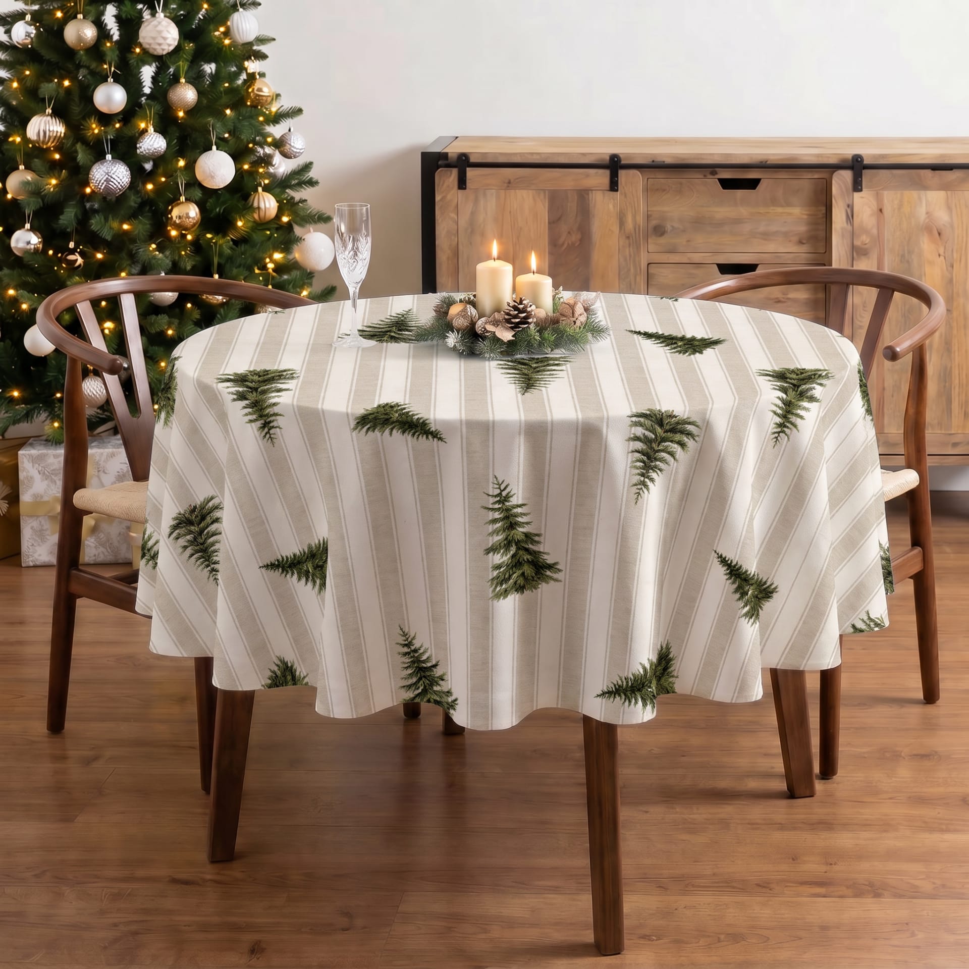 Runde fleckabweisende Weihnachtstischdecke 100% Baumwolle beige 120cm Copina