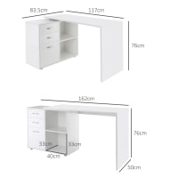 HOMCOM Scrivania Angolare Girevole In Legno Bianco, Con Cassetto, Armadietto E Mensole, Per Ufficio E Casa