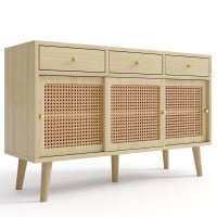 Credenza In Legno Scuro Con Ante Scorrevoli In Vero Rattan, 155x38x80 Cm, 3 Ante + 2 Cassetti, Traspirante E Robusta, Piedini In Legno Massiccio - 2