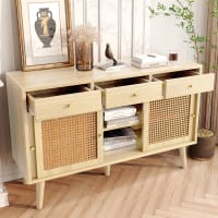 Credenza SACOOL 155x38x80 Cm In MDF E Vero Rattan: 3 Ante Scorrevoli E 2 Cassetti, Elegante E Traspirante