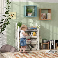 Scaffale Portagiochi Per Bambini In Legno Mobile - 85x26x84 Cm, Grigio, Con Bordi Arrotondati E Antiribaltamento