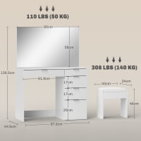 HOMCOM Set di tavolo da trucco con sgabello imbottito grande specchio + diversi ripiani aperti + 4 cassetti, bianco nero