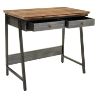 HOMCOM Mesa de recibidor con 2 cajones y un estante estilo vintage elegante estructura metálica y tablero de partículas sólido 100x35x76,5 cm marrón | España