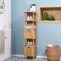 Meuble Colonne Salle De Bain En Bambou - 3 étagères + Placard Porte Persienne - Dimensions 34x30x173cm