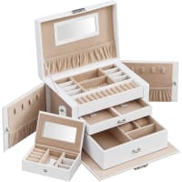 Portagioie Hanway 3 Strati In Legno Bianco – 5 Scomparti + 2 Cassetti Con Specchio E Vassoio