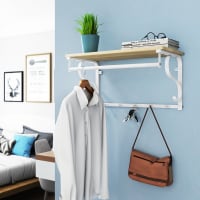 Appendiabiti da parete con mensola, 44 cm, ganci in metallo, legno rustico, per bagno, camera da letto, soggiorno (confezione da 2
