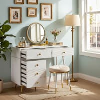 Coiffeuse Grace Vert Foncé Avec Miroir LED Et Tabouret Vicco