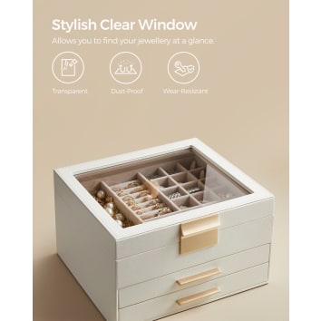 XMHome Boîte à Bijoux Blanche 3 Niveaux – Tiroirs Et Compartiments, Doublure Velours, Couture Diamant – Organiseur Coiffeuse